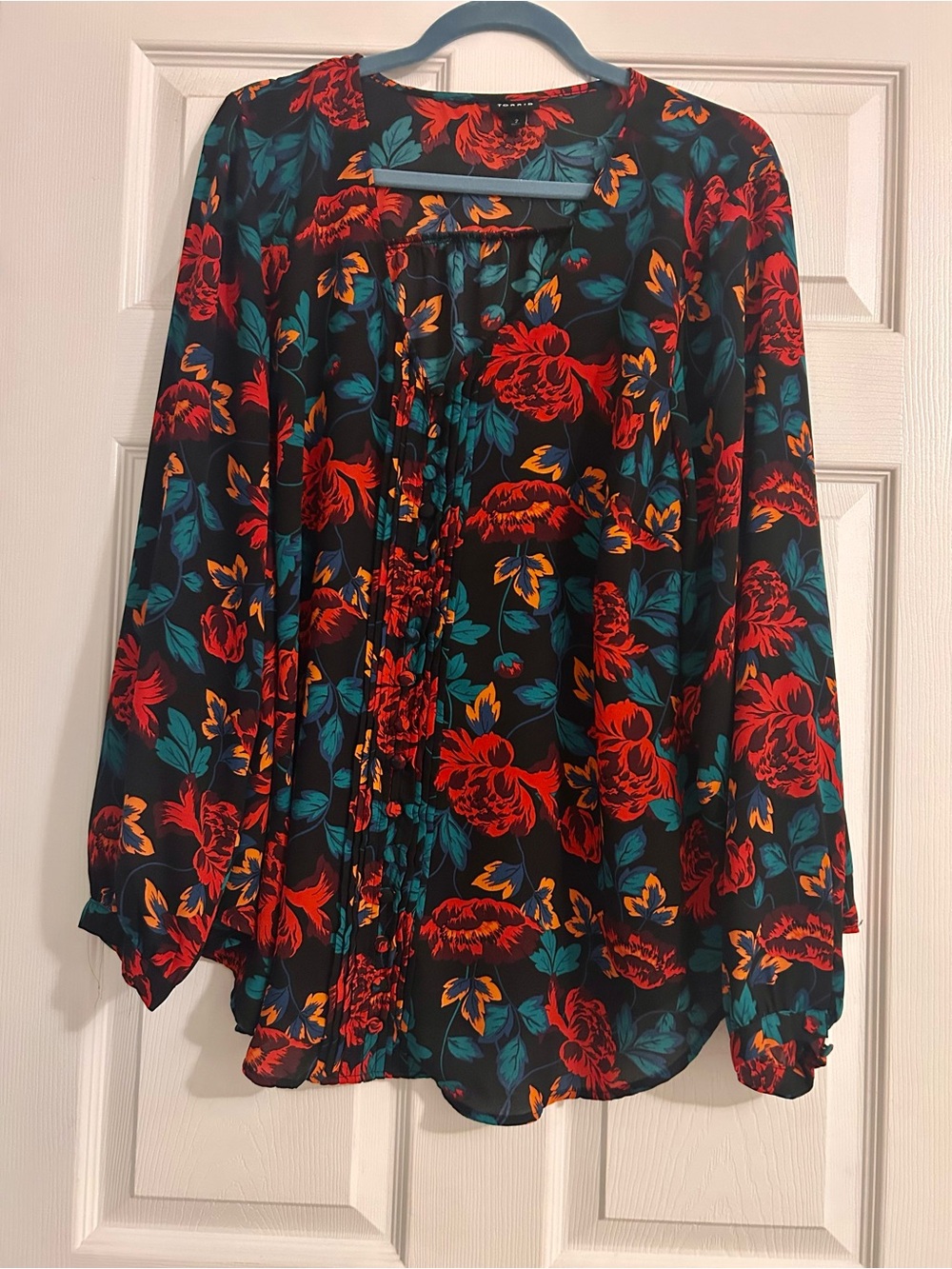 torrid Black Floral Tie-Front Blouse with Red, Teal & Mustard Accents